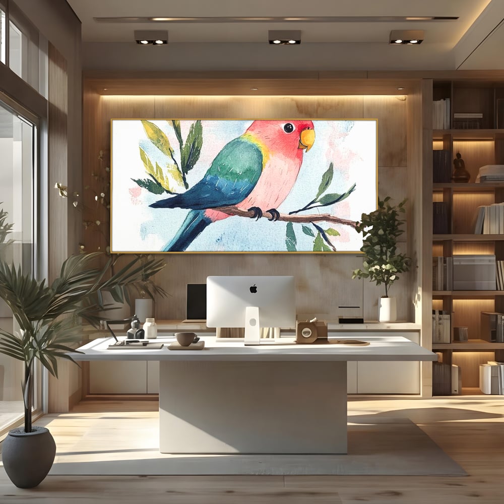 Tablou canvas cu tablou canvas cu papagal colorat, in rama de aluminiu auriu, pe perete intr-un birou